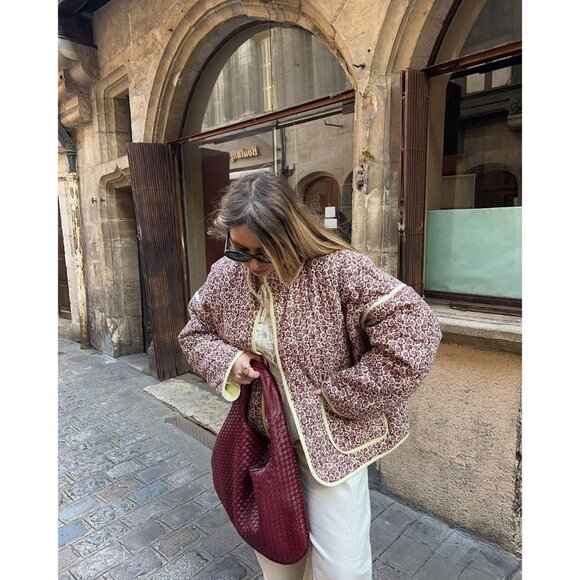 Women’s P-red Cropped Puffer Jacket Floral Printed Quilted Lightweight Coat - Picture 5 of 6